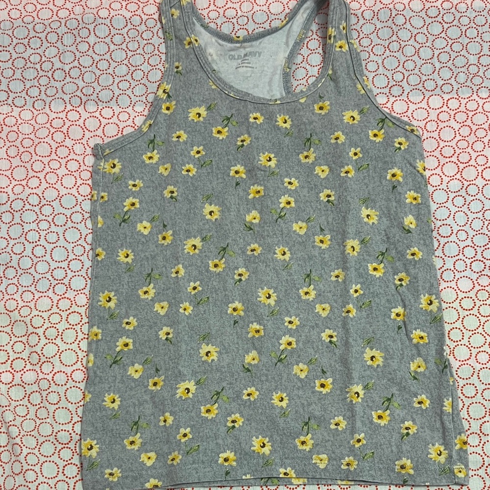 Old Navy Heather Gray Tank with Yellow Floral Pattern